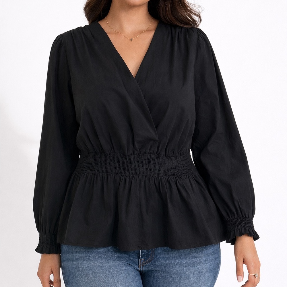 NWT Women’s 100% Cotton Black Buffalo Top with Rouched Waist, Peplum, Size Large